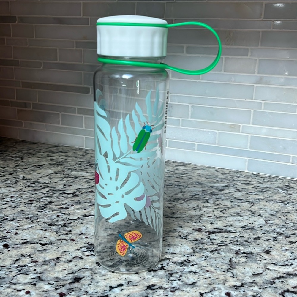 Plastic Starbucks Water Bottle Tropical Bugs Ferns Reusable Green Cold Cup 18 oz